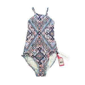 Seafolly Girls' Moonchild High Neck Tank One Piece Swimsuit Size 8 Blue Pink NWT
